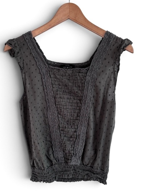 Lucky Brand Tops - Lucky Brand Charcoal Grey Swiss Dot Smocked Waist Lace Inset Peasant Blouse XS